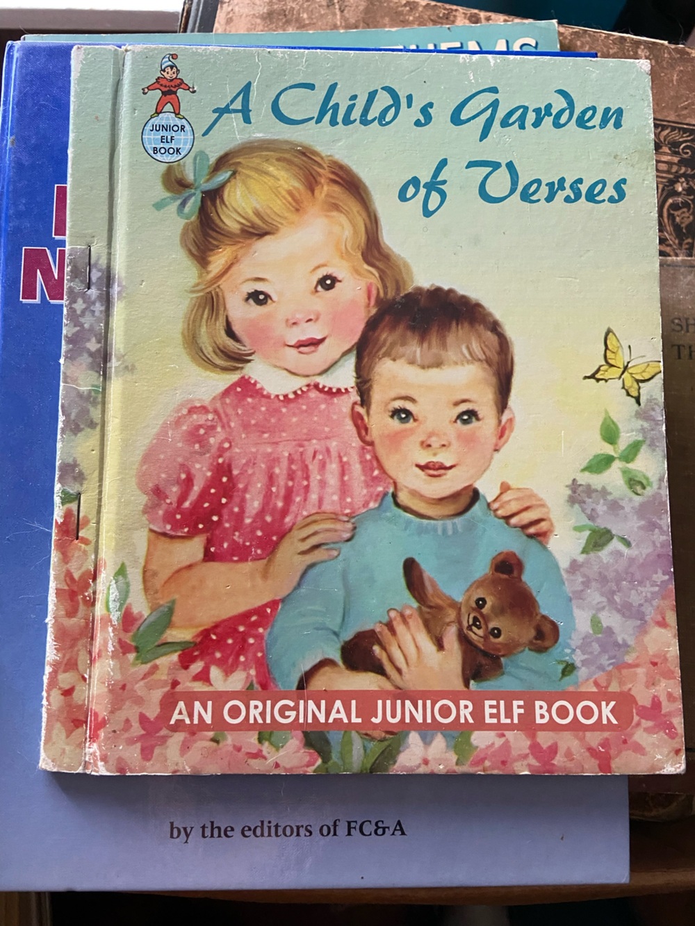 Vintage Retro Junior Elf Child's Garden of Verses Book Pink Blue boy girl teddy